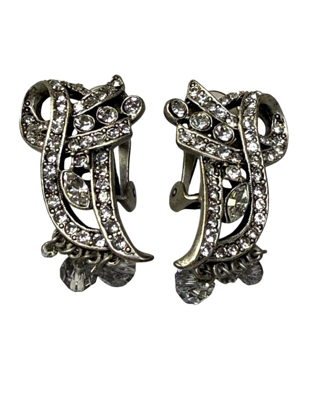 Vintage Silver-Tone Crystal Rhinestone Clip-On Earrings With Dangling Beads